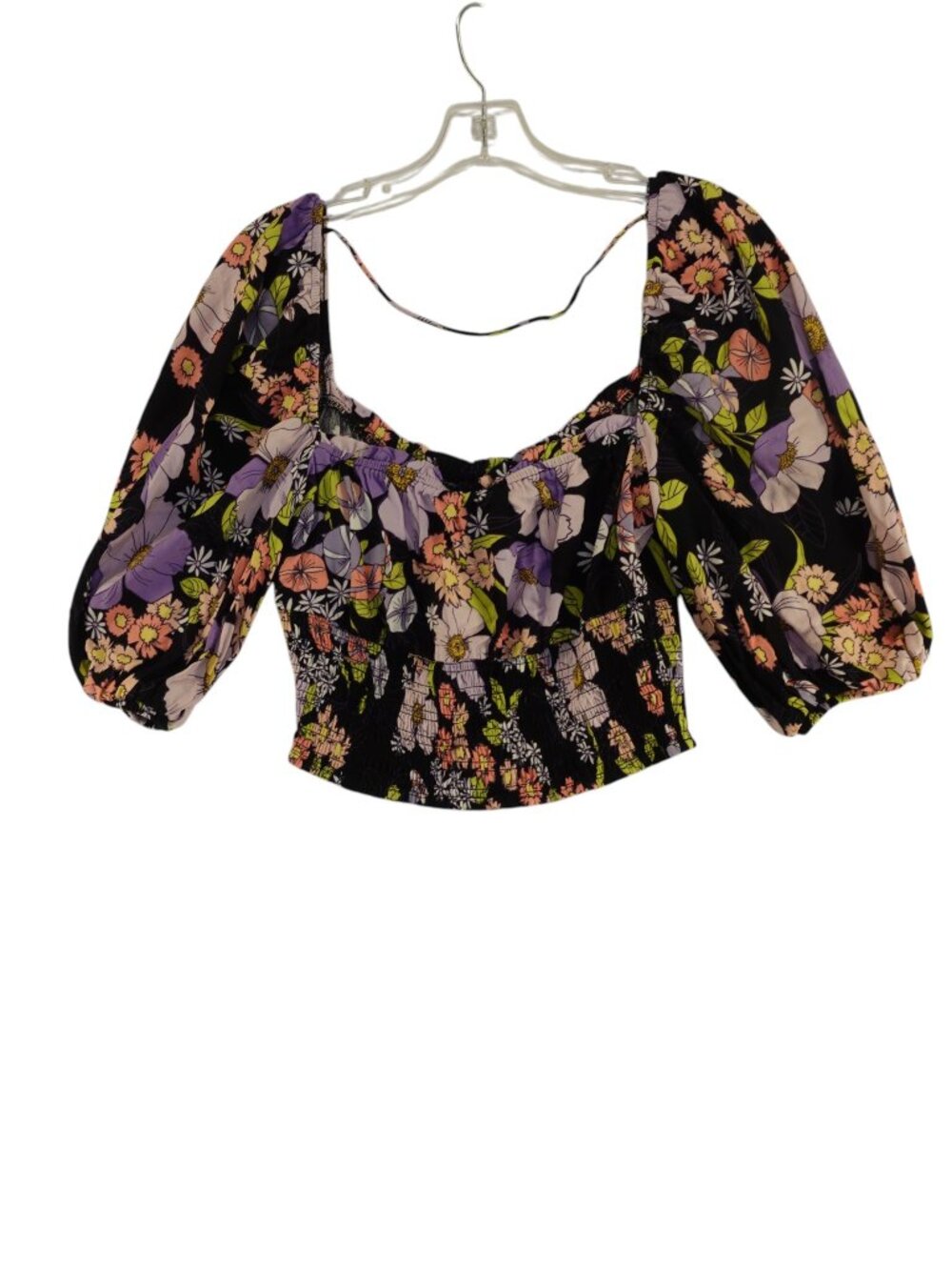 AFRM Waverly black floral puff sleeve smocked crop top Women's size M NWT